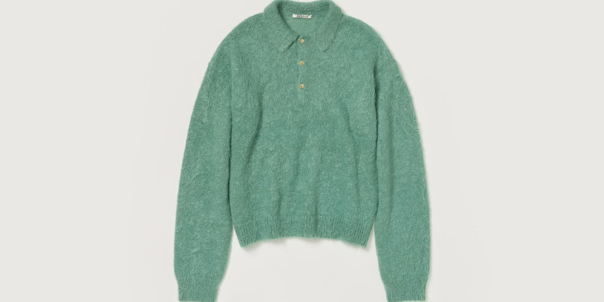 Auralee Men Brushed Super Kid Mohair Knit Polo Jade Green – OKURA